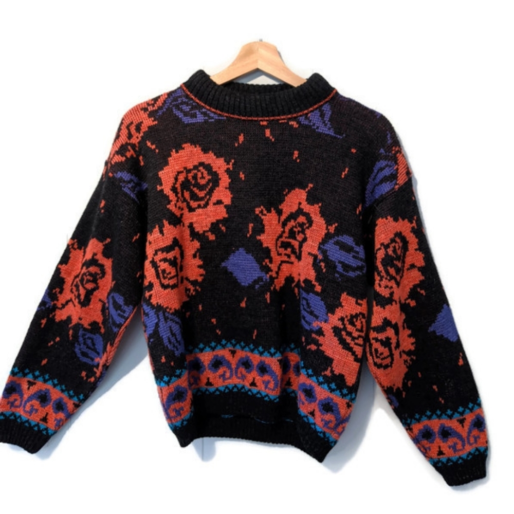 Black Crewneck Sweater with Red and Purple Floral Pattern
